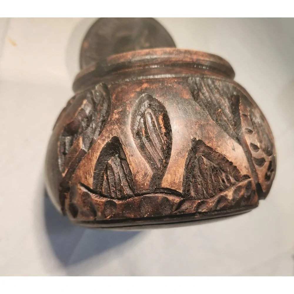 Vintage African Wooden Spice Jar Round Handmade Elephants Approx. 3